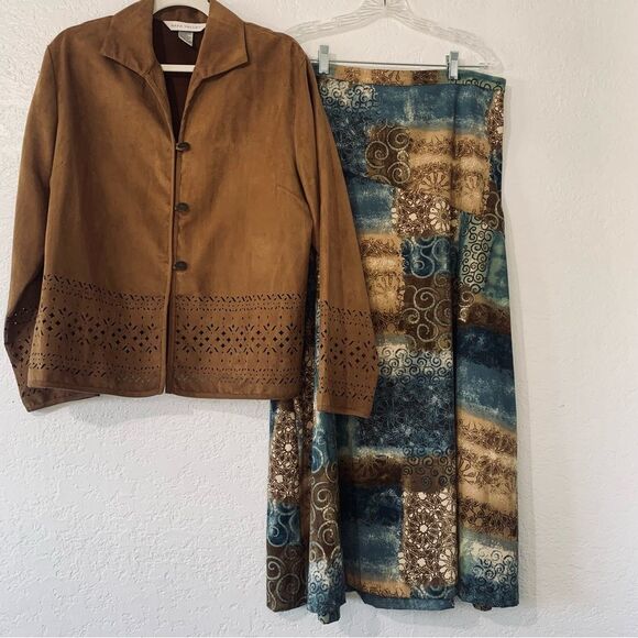 Vintage Napa Valley Faux Suede Cutout Brown Jacket/Shacket and Maxi Skirt Set - Picture 2 of 14